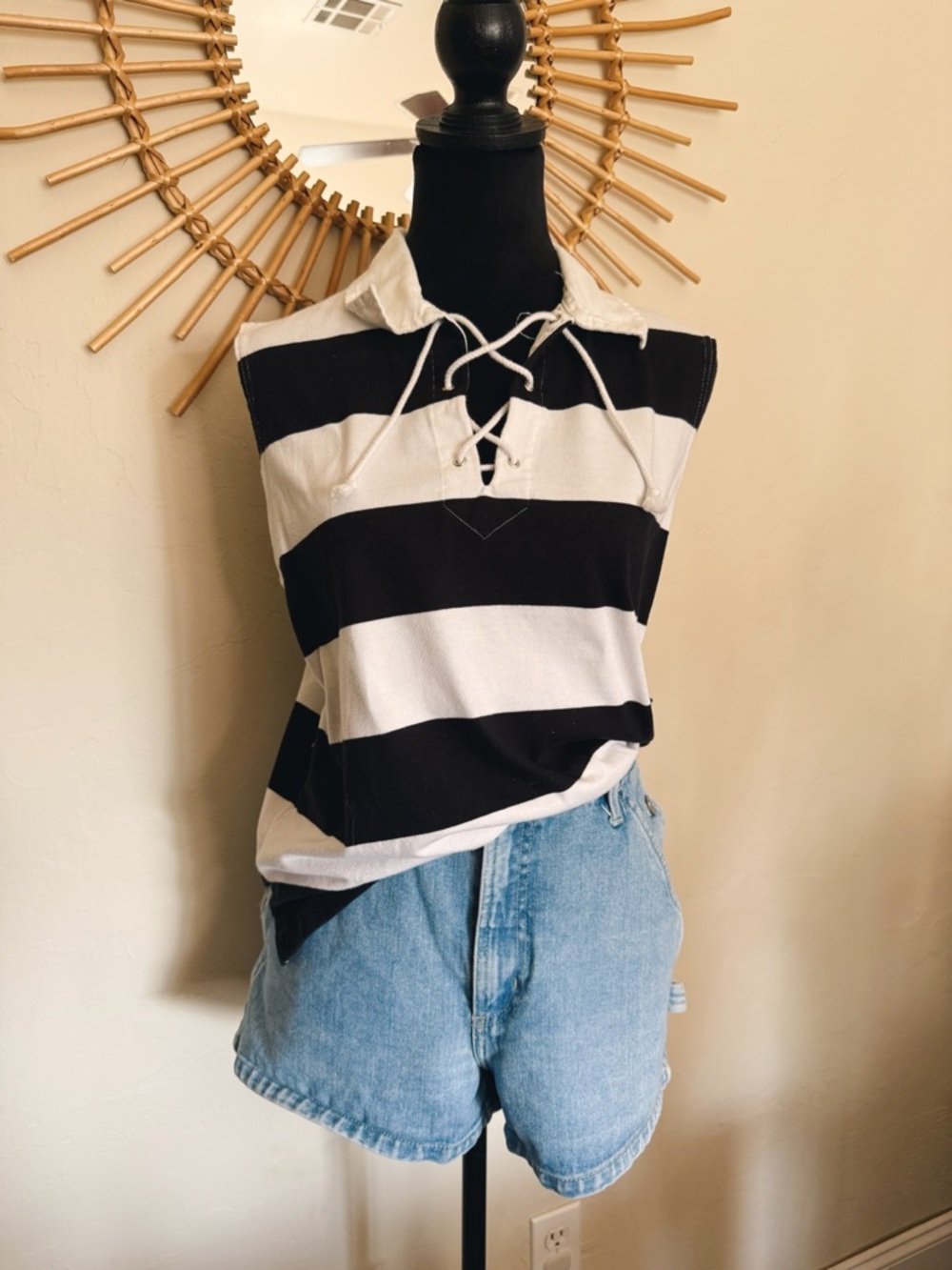 dressbarn Black & White Striped Lace-Up Polo Tank